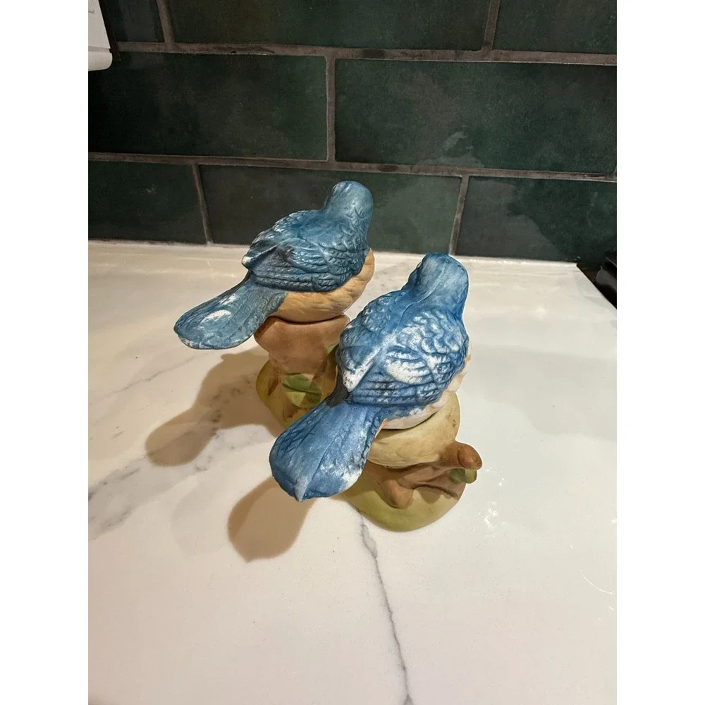 Vintage Ceramic Blue Birds sitting on a tree Salt and Pepper Shaker 3 Piece